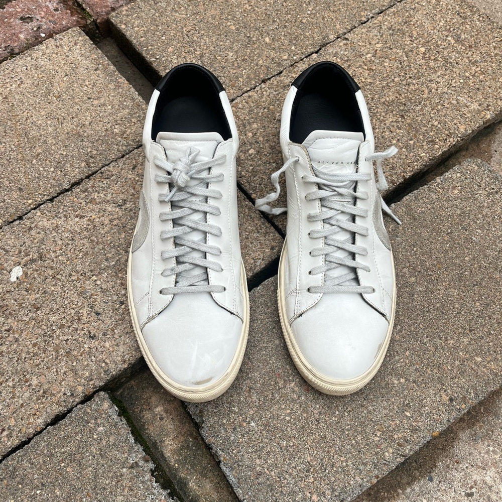 Oliver Cabell White Leather Low-Top Sneakers with Black Heel Tab